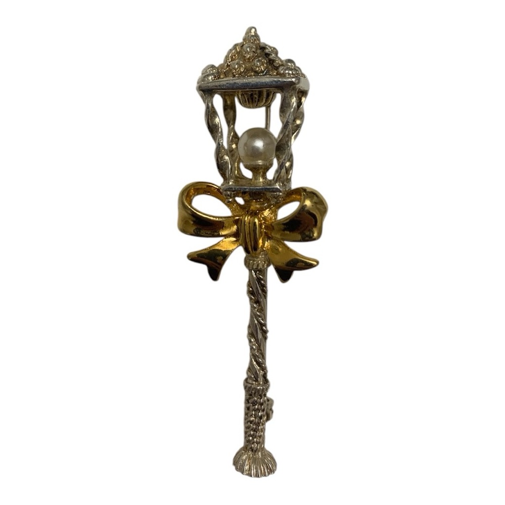 Vintage Avon Silver And Gold Tone Lamp, Light Post, Faux Pearl Brooch Lapel Pin